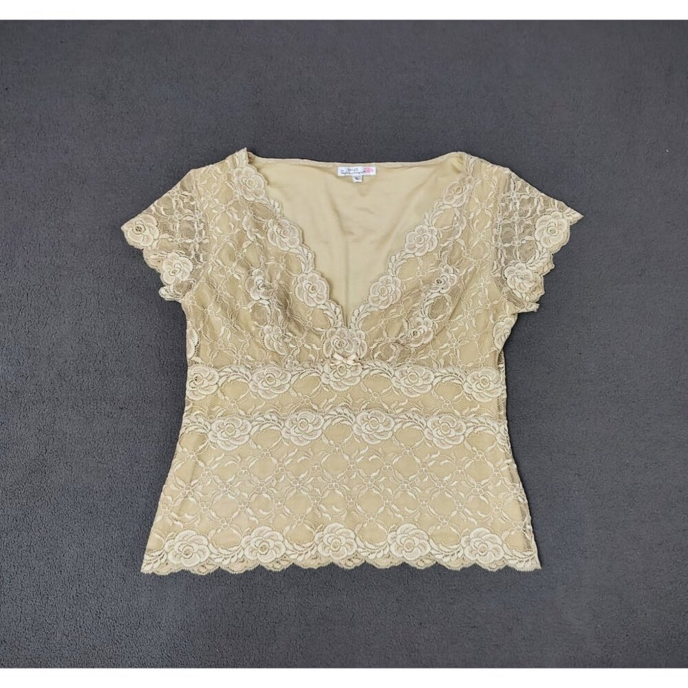 Leigh Bantivoglio Womens (L) Vtg Beige French Lace Top Babydoll Coquette Bow Y2K